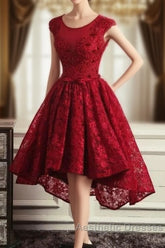 Wine Red Round Neckline Lace High Low Homecoming Dresses, High Low Formal Dresses
